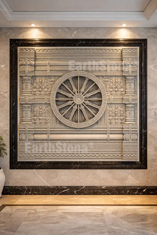konark wheel sandstone mural machine crafted hand finish sun temple wall panel luxury stone decor